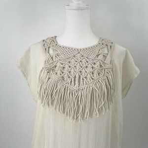 ULLA JOHNSON Macrame Crochet Fringe Shift Dress Ivory Bohemian Hippie size 4